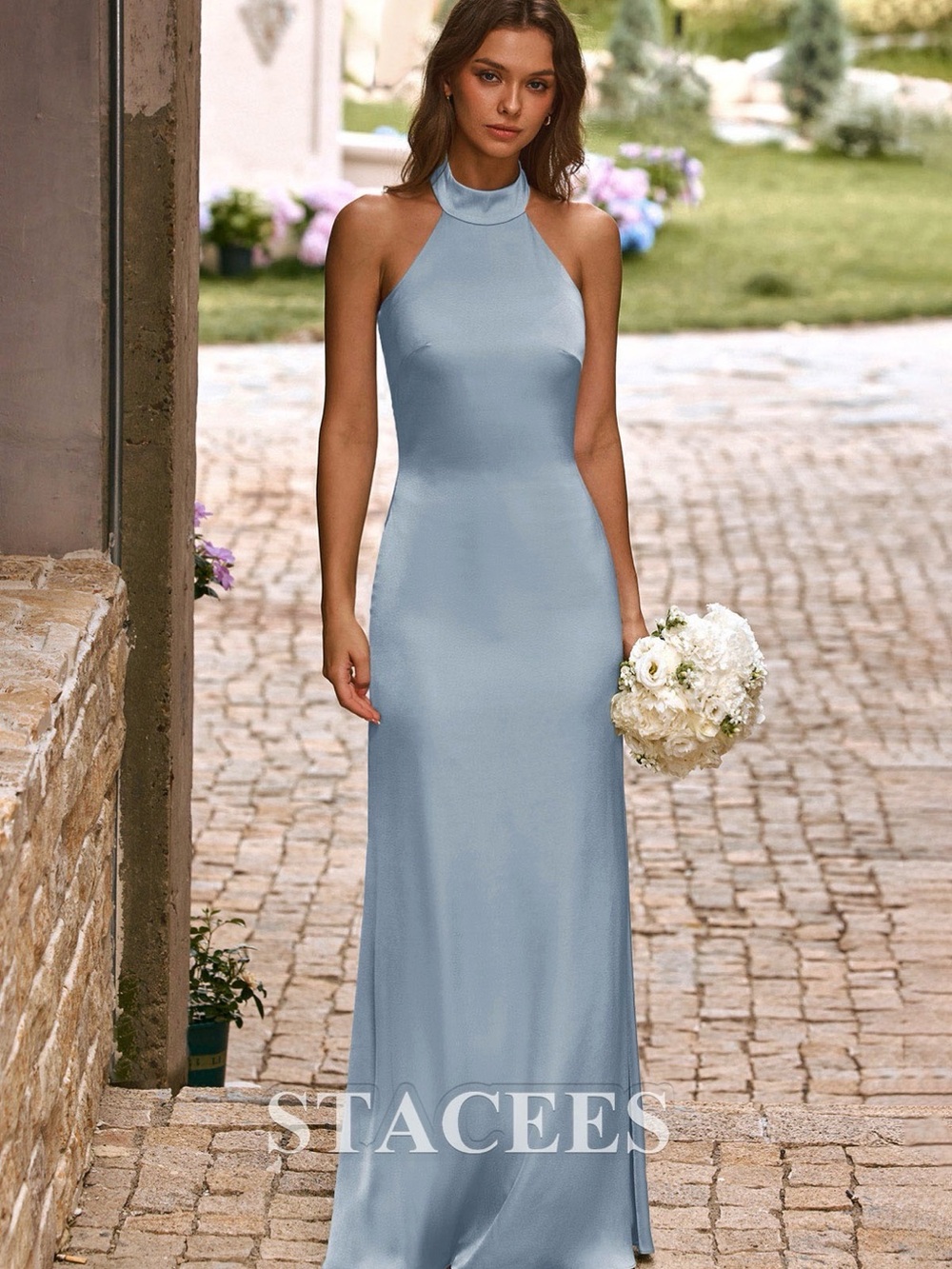 Stacees Sky Blue Halter Maxi Dress